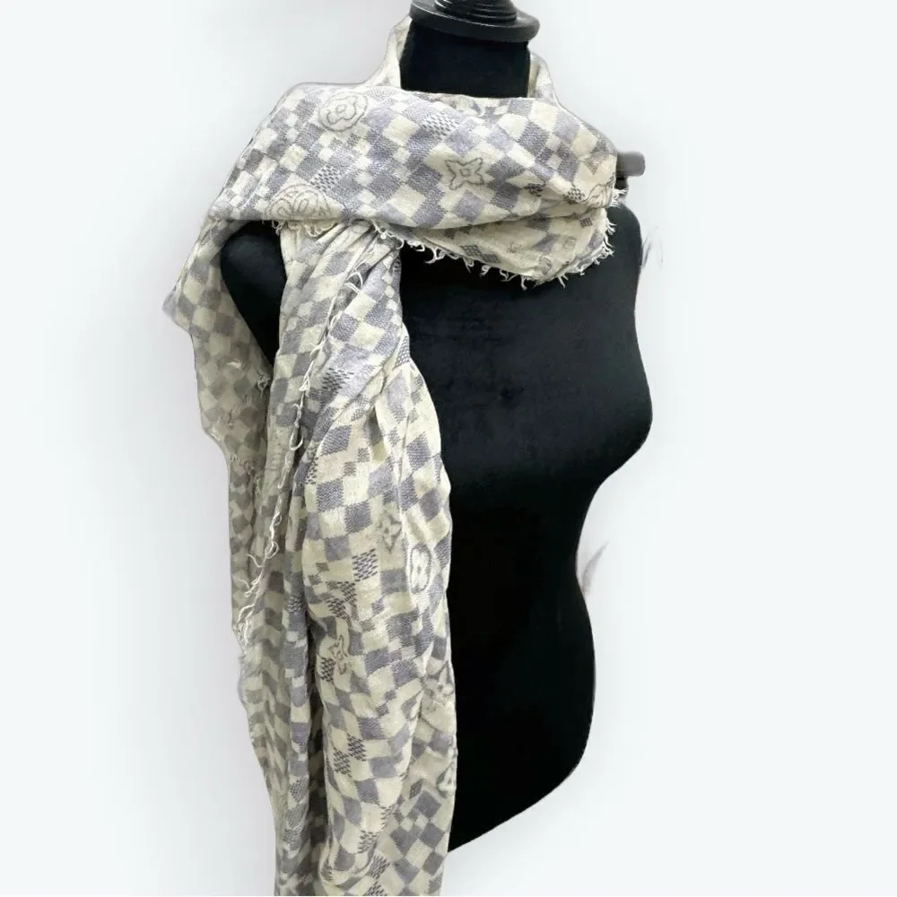 Auth Louis Vuitton Damier Azur Semi Sheer Cashmere / Silk Shawl Stole Wrap Scarf